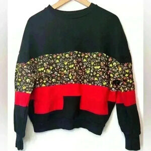 Zara Womens Black Red Floral Preppy Prep Pull Over Scoop Neck Sweater Small
